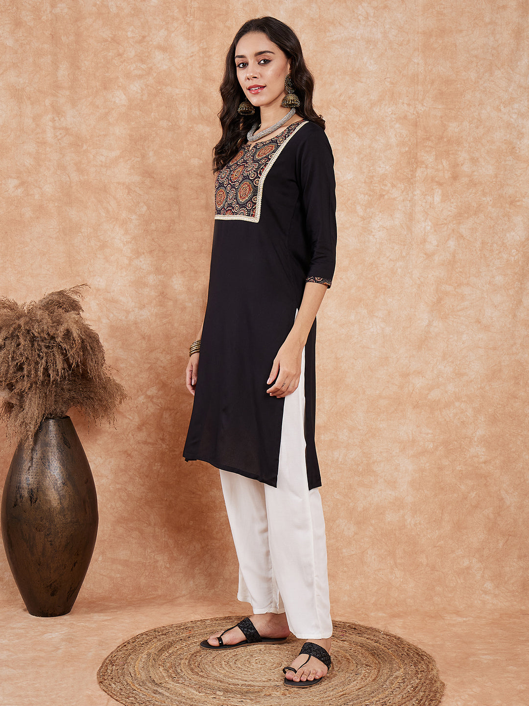 InWeave Women's Black Printed Neck Patch Work Straight Kurta - Swadesiicart