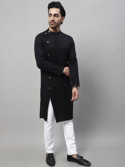Even Apparels Black Pure Cotton Kurta With Band Collar | Swadesiicart