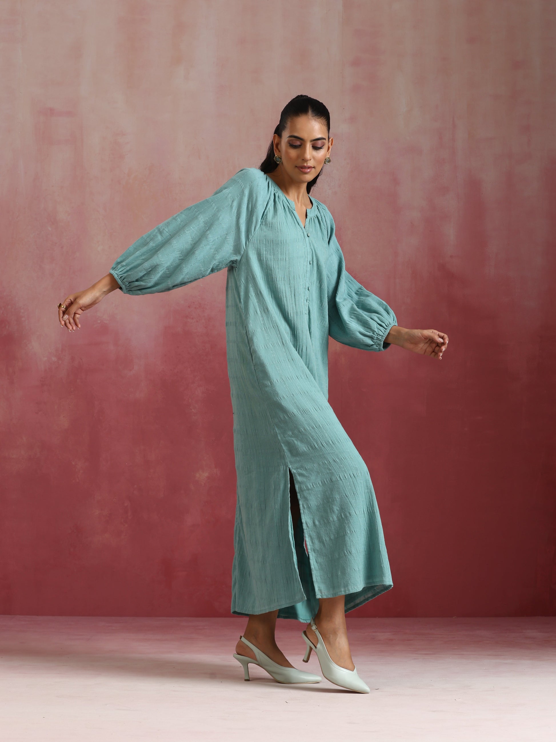 trueBrowns Aqua Blue Cotton Dobby Dress | Swadesiicart