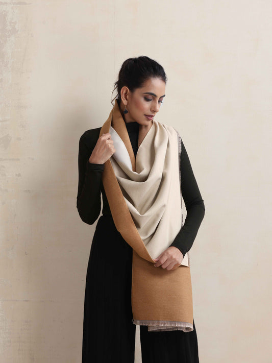 trueBrowns Brown Reversible Solid Woollen Stole | Swadesiicart