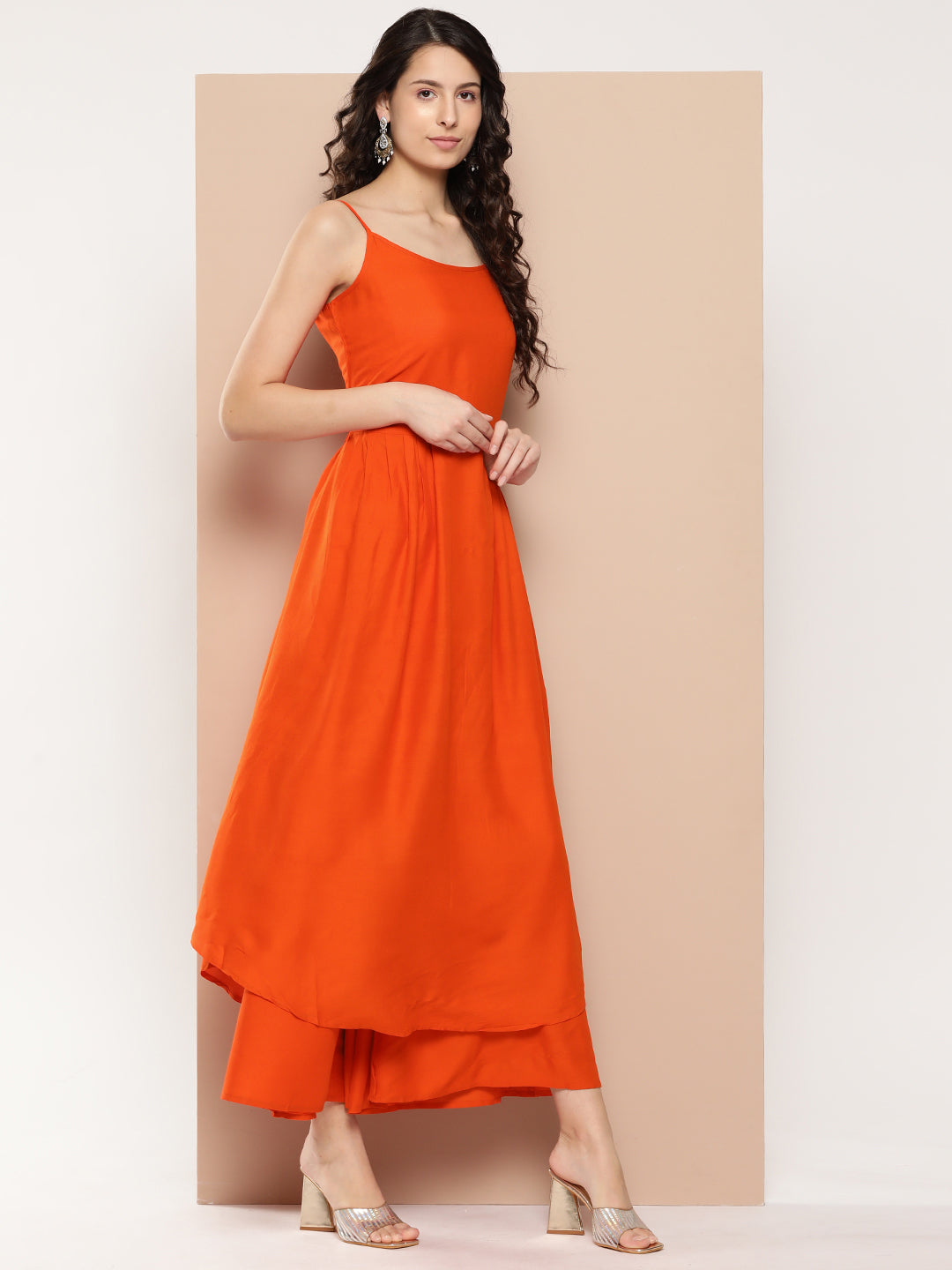 InWeave Women's Orange Strappy Set With Blue Chinnon Print Silk Dupatta - Swadesiicart