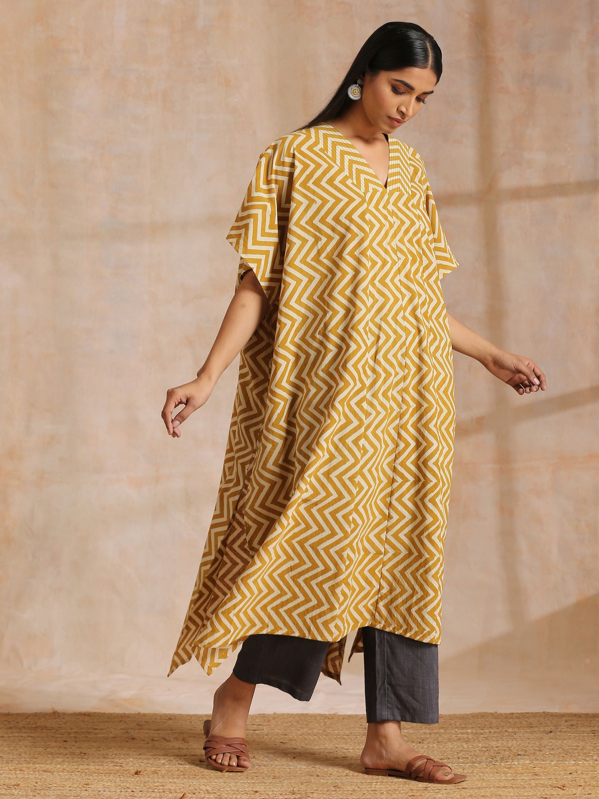 trueBrowns Mustard Dabu Zig-Zag Lines Print Cotton Panel Kaftan Kurta Pant Set | Swadesiicart