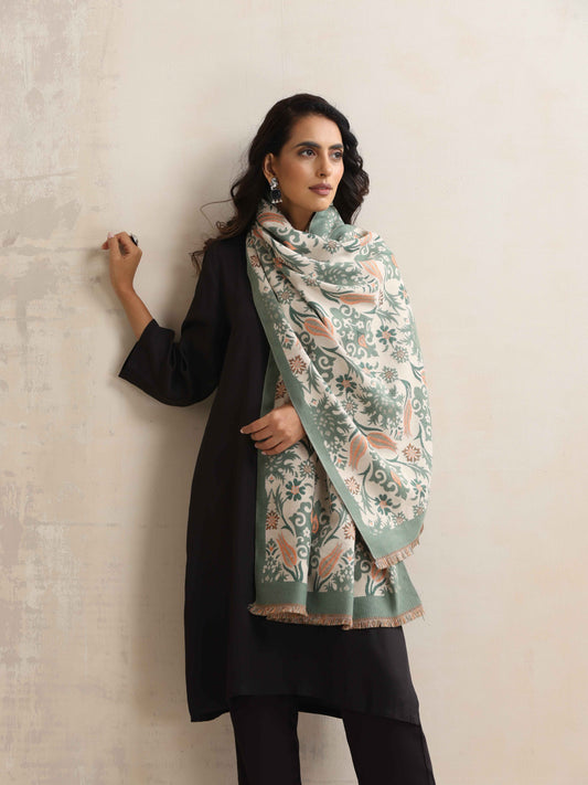 trueBrowns Green Floral Reversible Woollen Stole | Swadesiicart