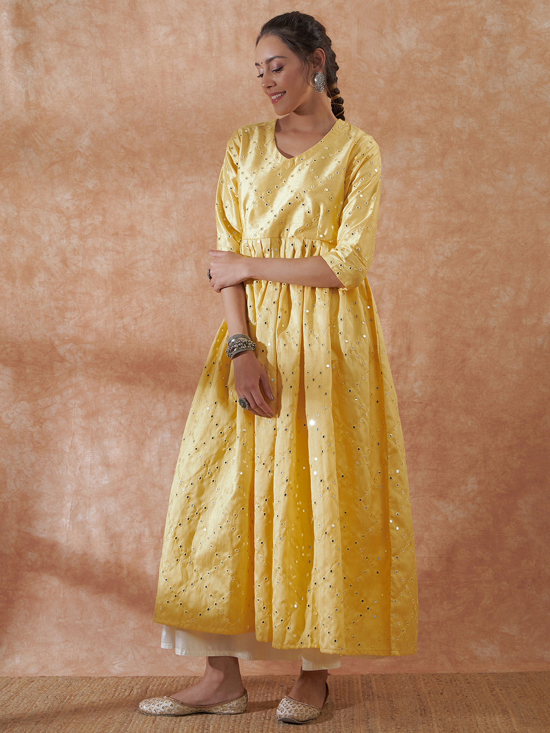 InWeave Women's Light Yellow Mirror Work Long Anarkali Kurta - Swadesiicart