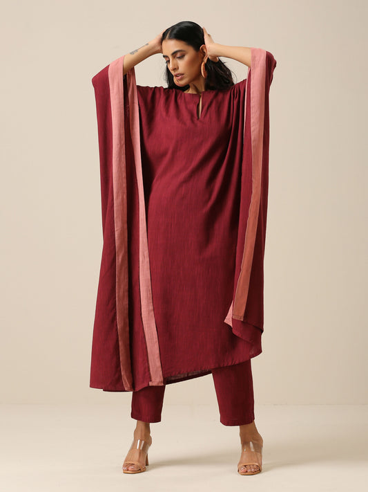 trueBrowns Ruby Wine Slub Texture High Low Kaftan Pant Set | Relove | Swadesiicart