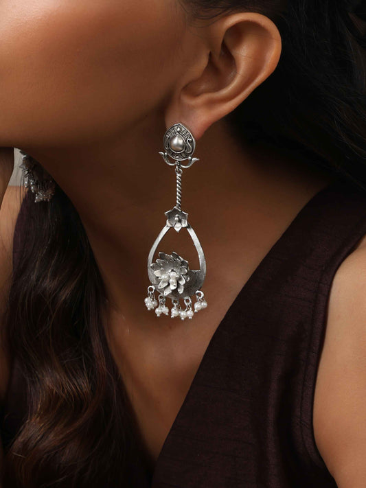 trueBrowns Silver Tone Floral Chandbaali Earrings - Swadesiicart