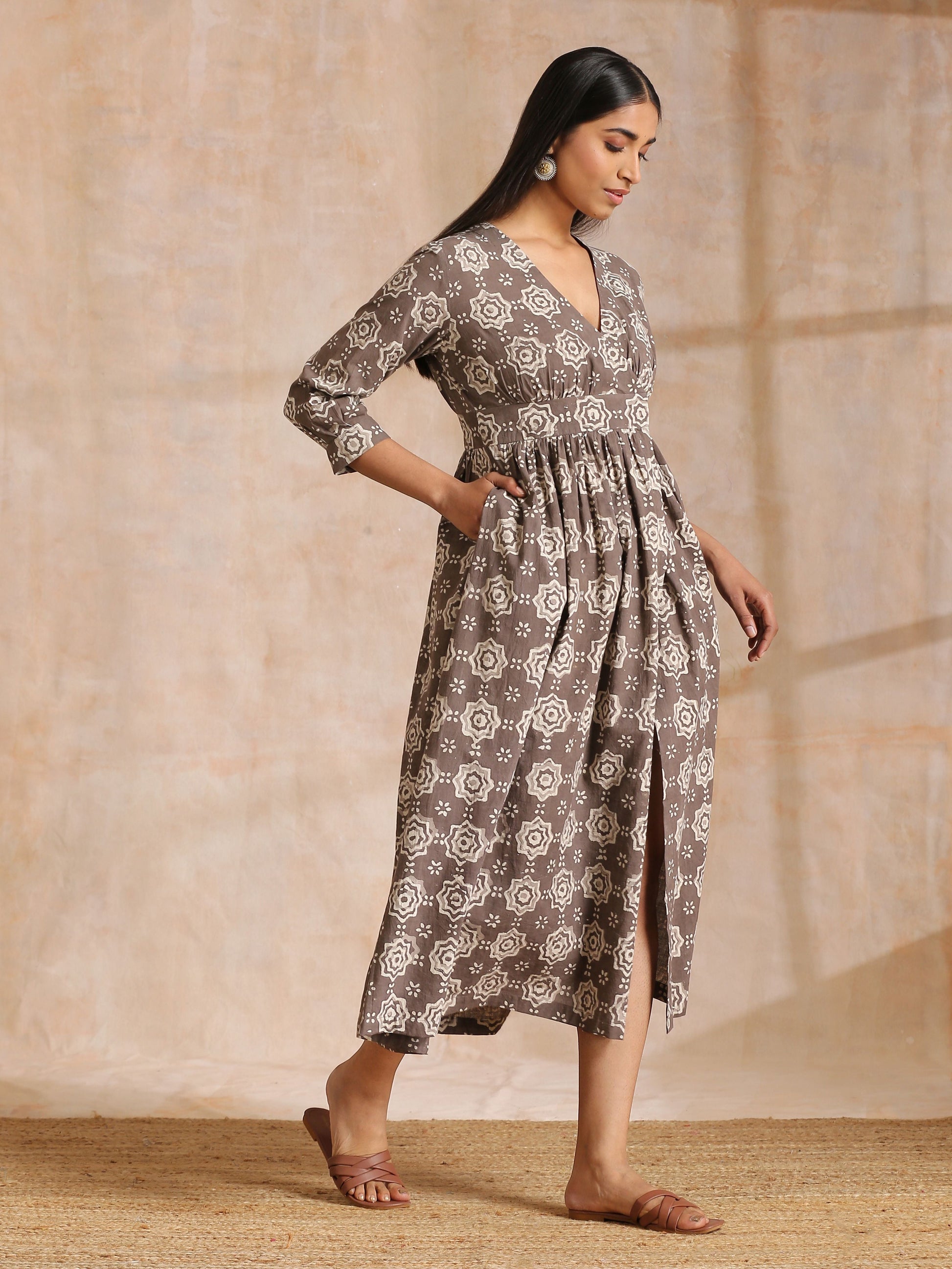 trueBrowns Clay Dabu Overall Print Cotton Wrap Dress | Swadesiicart