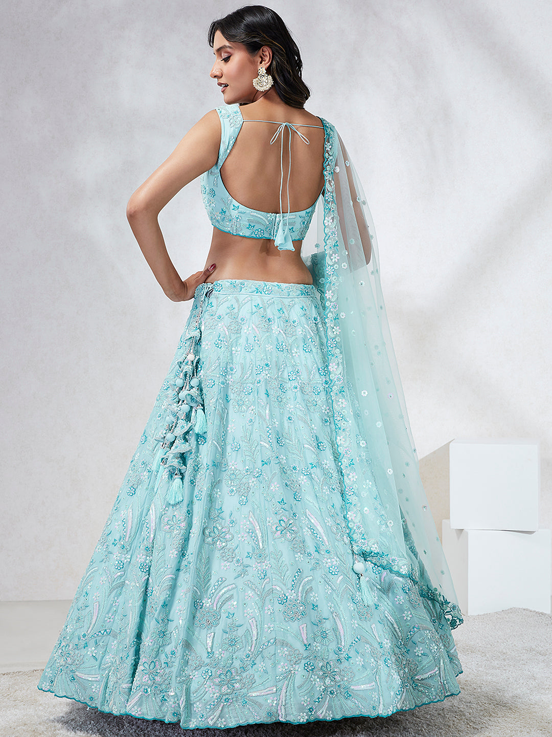 House of Panchhi Turquoise Blue Georgette Sequins And Thread Embroidery Lehenga Choli & Dupatta | Swadesiicart