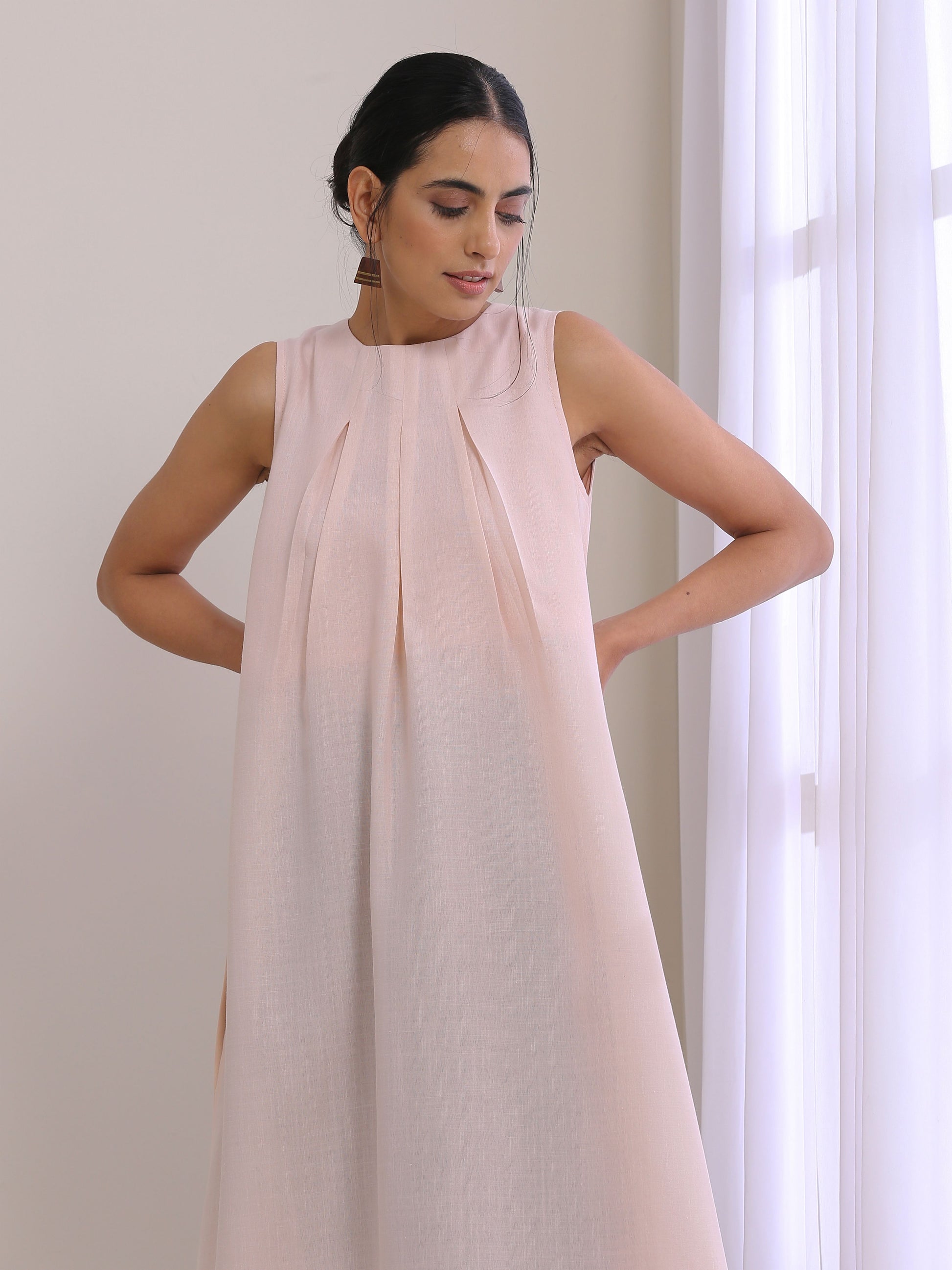 trueBrowns Pink Slub Sleeveless Kurta Pant Set | Swadesiicart