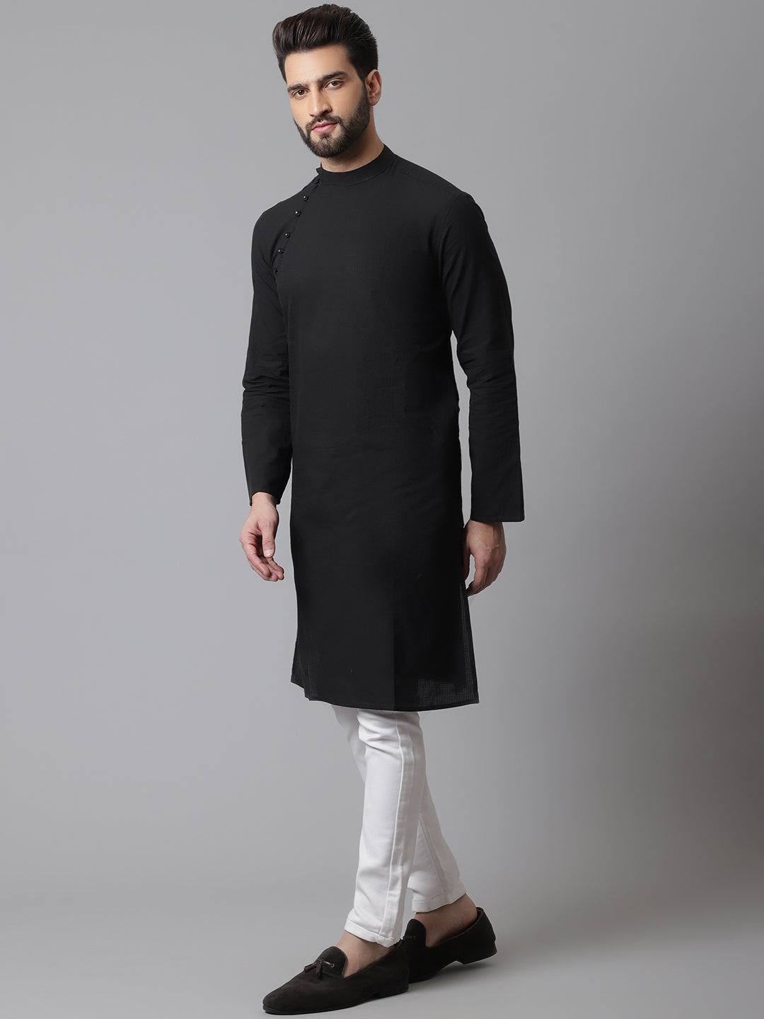 Even Apparels Black Solid Kurta With Band Collar | Swadesiicart