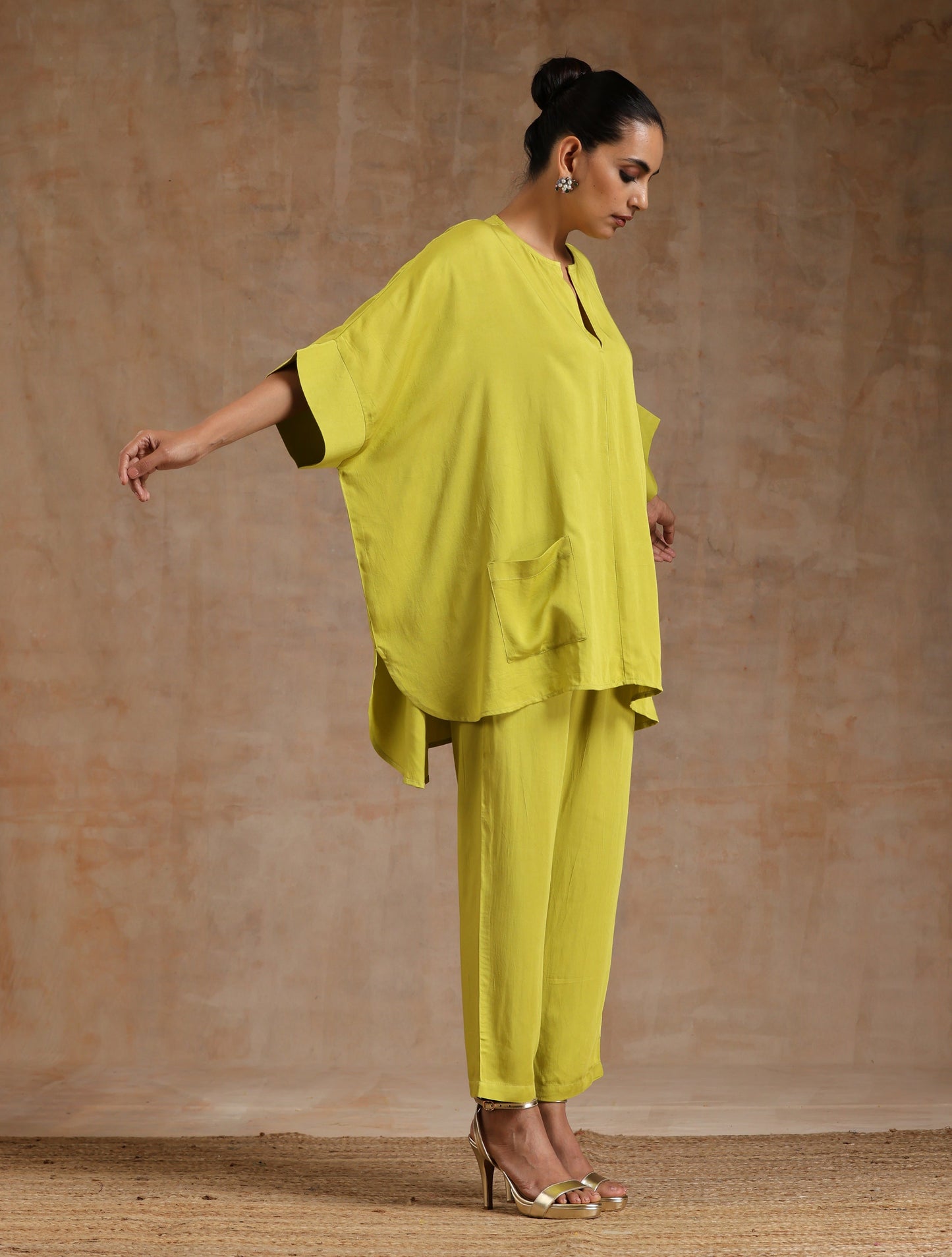 trueBrowns Lime Modal Satin Boxy Fit High-Low Co-Ord Set - Swadesiicart