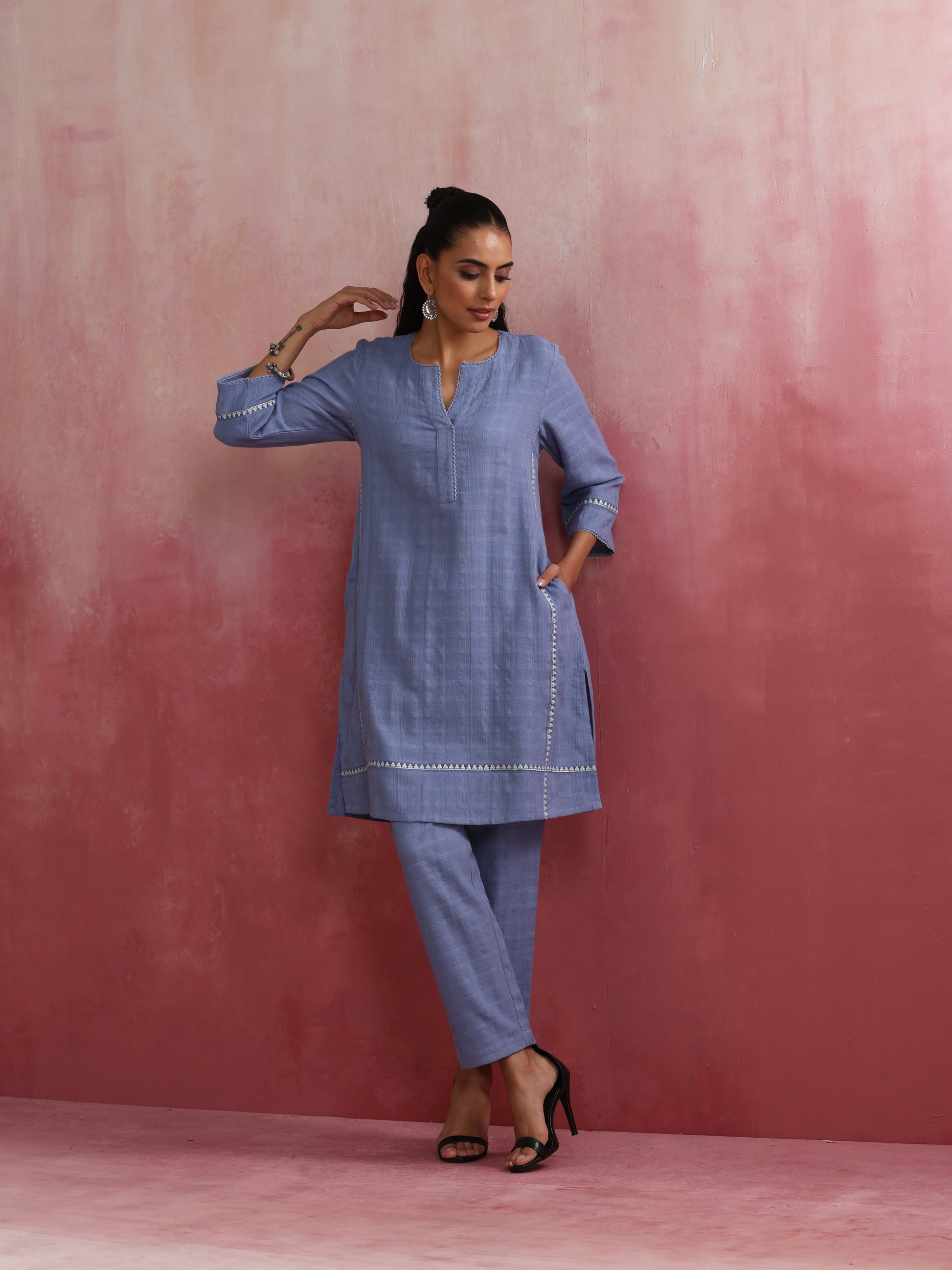 trueBrowns Sky BLue Cotton Kurta Co-ord set - Swadesiicart