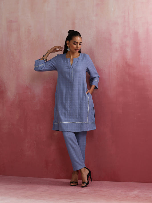 trueBrowns Sky BLue Cotton Kurta Co-ord set - Swadesiicart