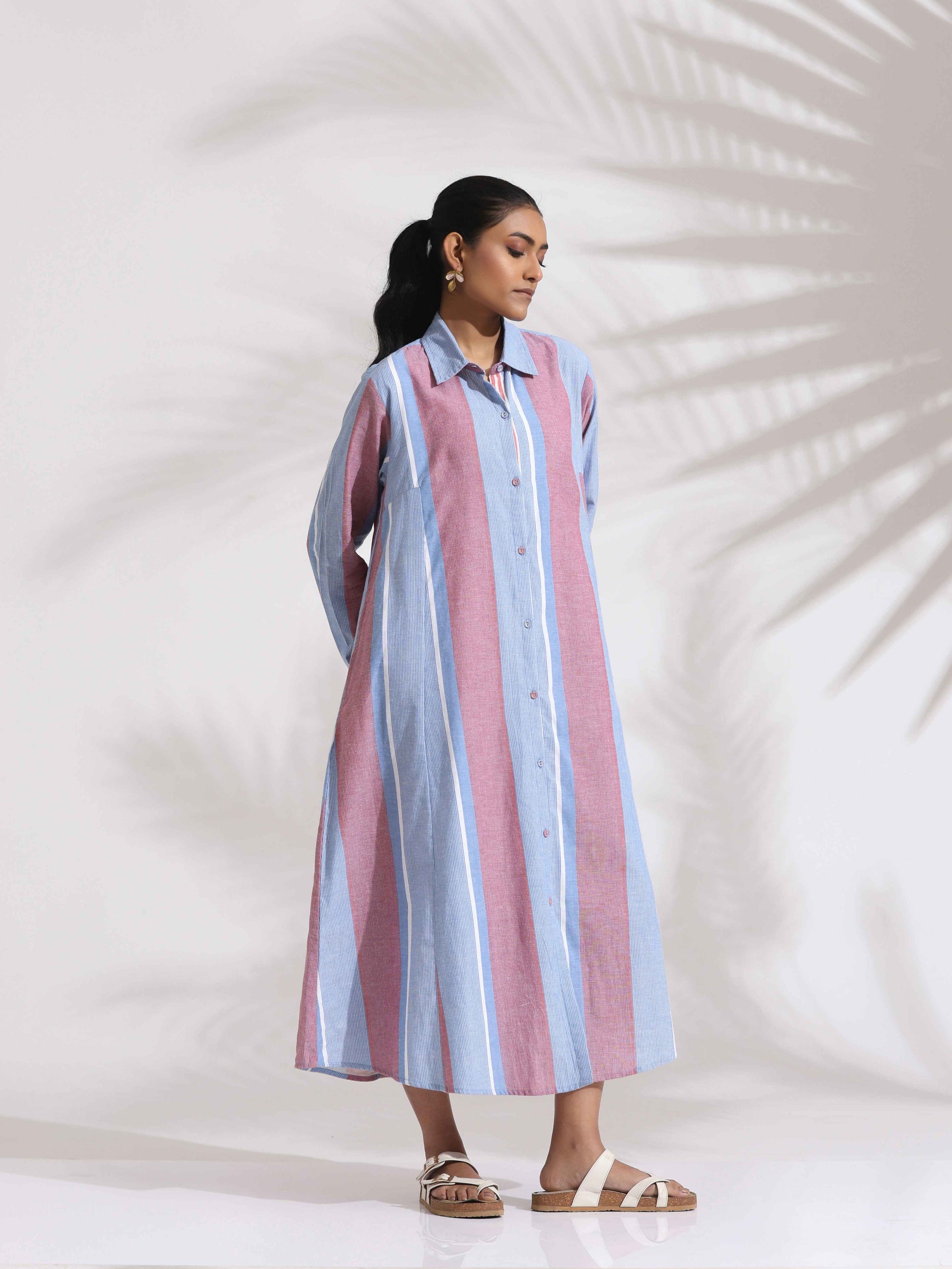 trueBrowns Blue Cotton Stripe Flared Shirt Dress | Swadesiicart