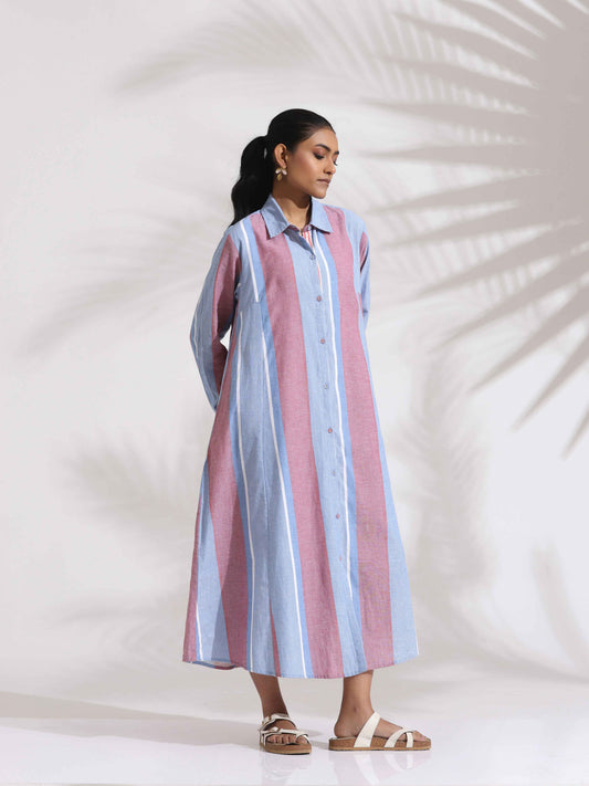 trueBrowns Blue Cotton Stripe Flared Shirt Dress | Swadesiicart