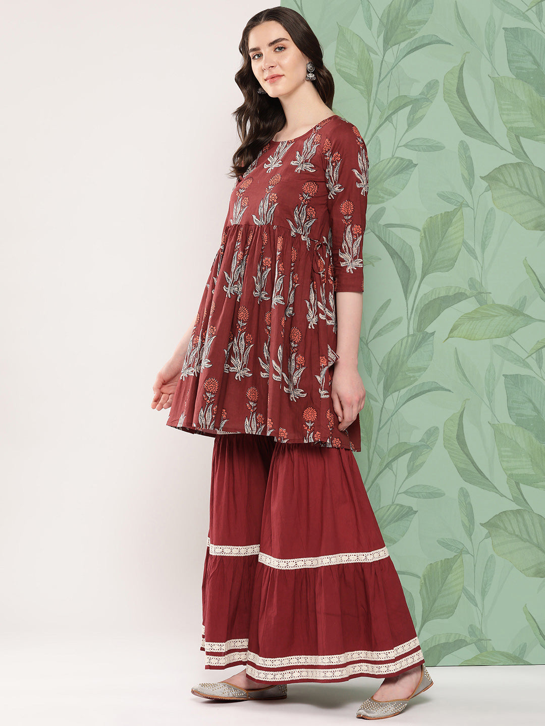 InWeave Women's Brick Rust Boota Sharara Set With Dupatta - Swadesiicart