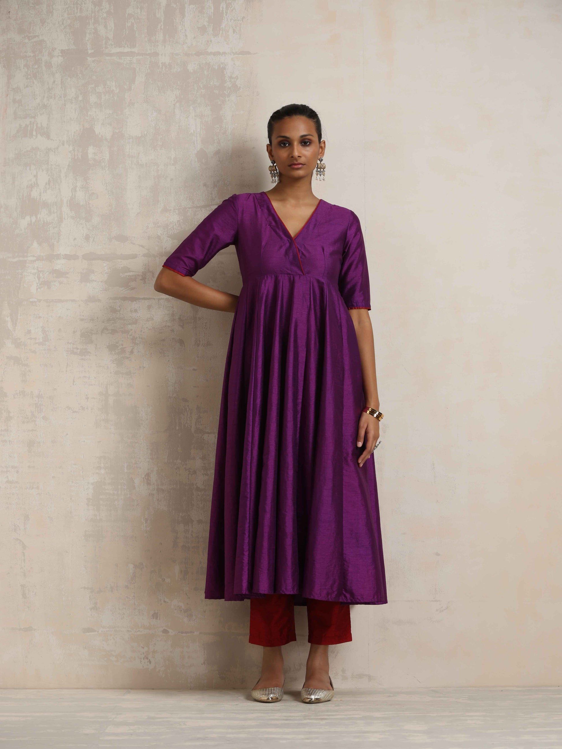 trueBrowns Purple Silk Anarkali Kurta Pant Dupatta Set | Swadesiicart