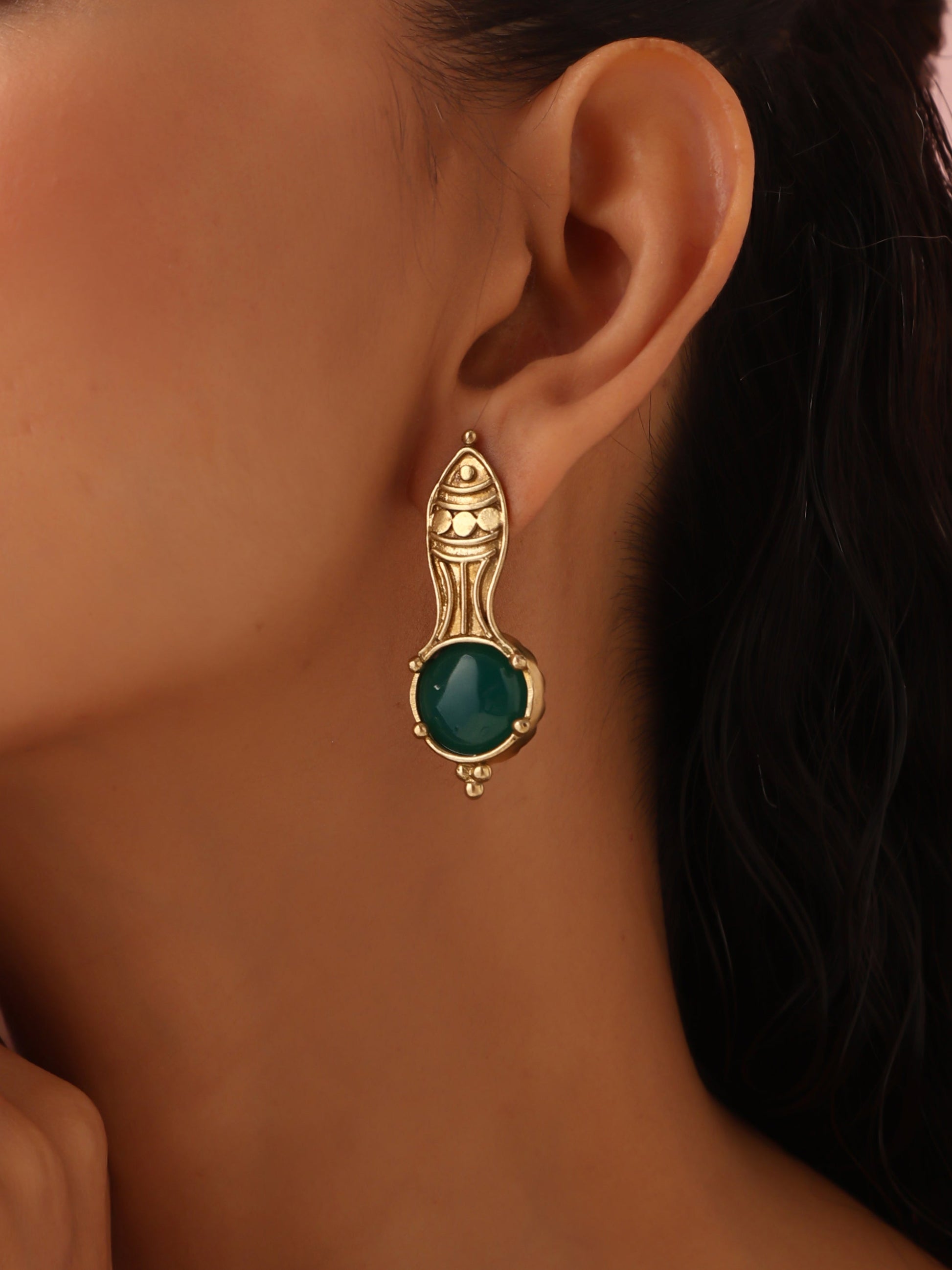 trueBrowns Brass Green Stone Abstarct Earrings - Swadesiicart