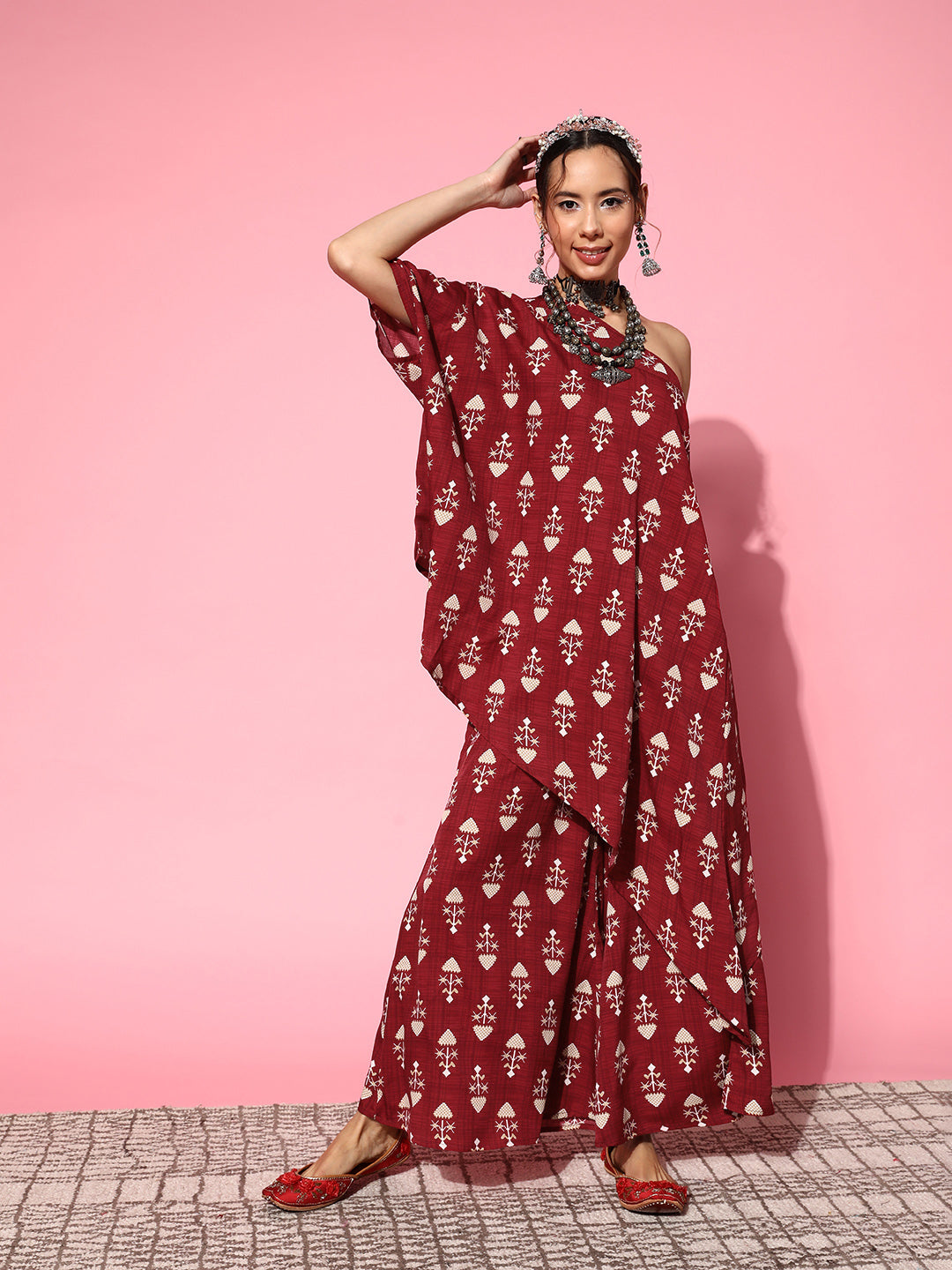 InWeave Women's Maroon Boota One Shoulder Top With Palazzo Set - Swadesiicart