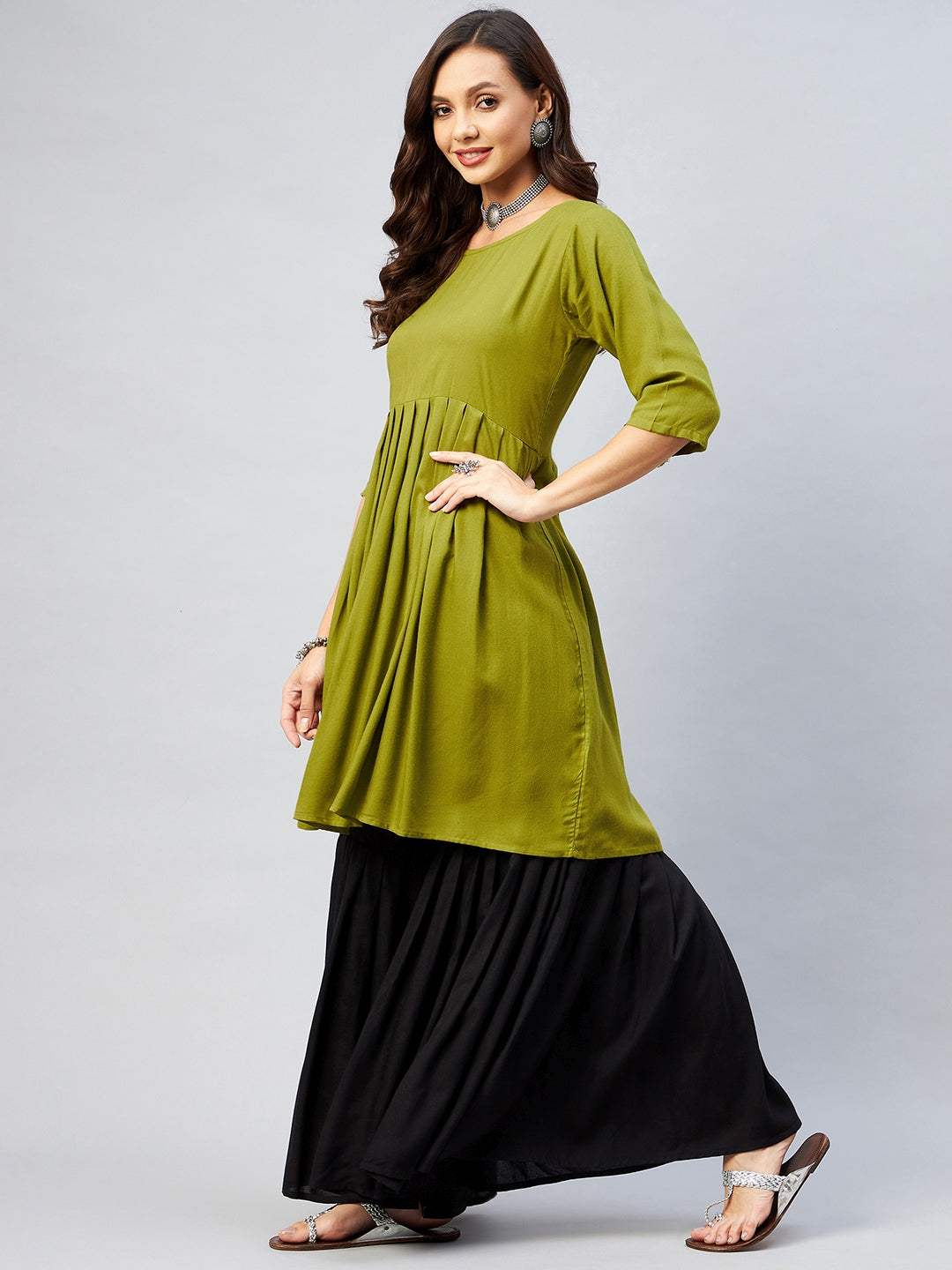 InWeave Women's Olive Short Anarkali Kurta - Swadesiicart