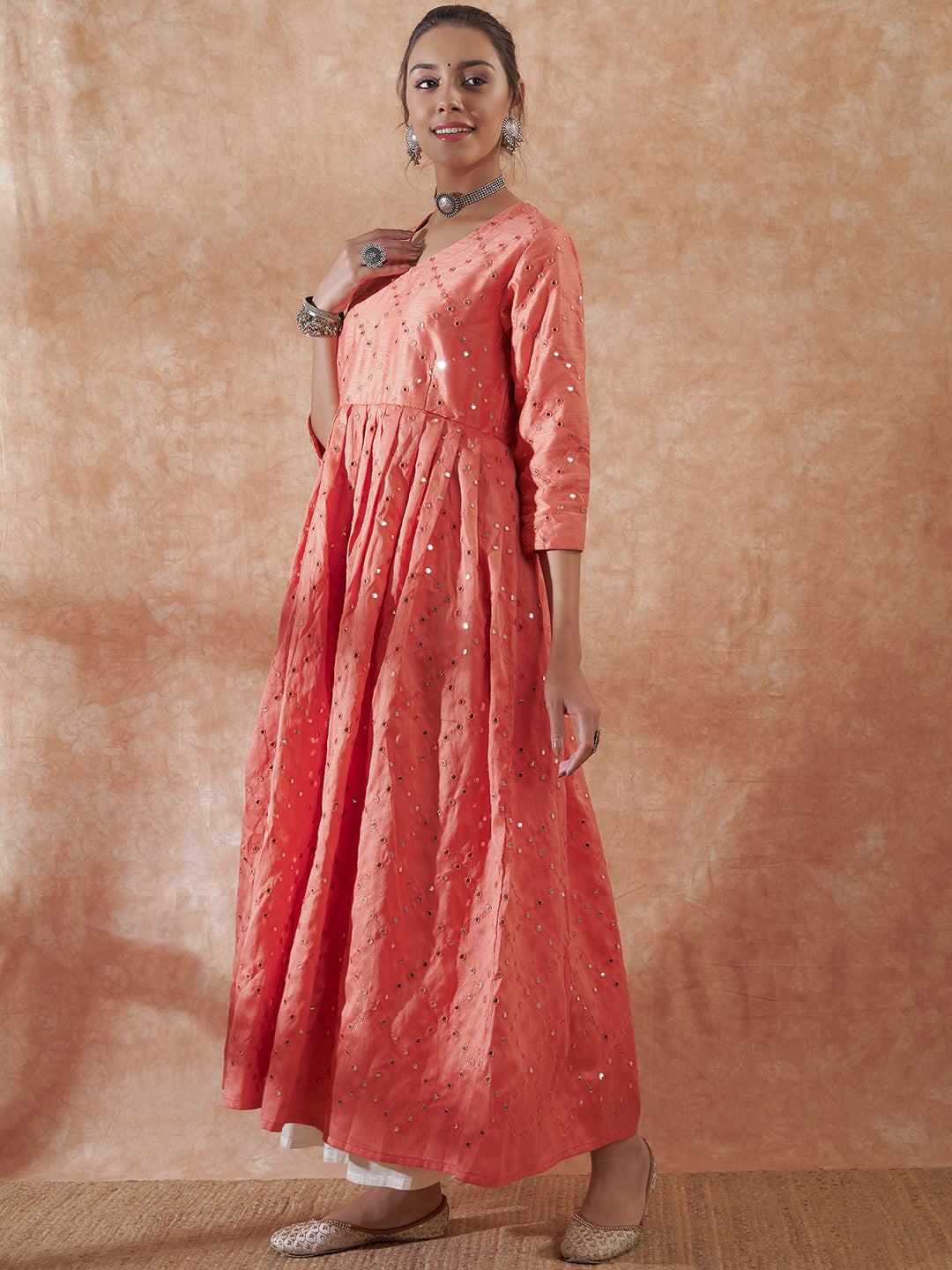 InWeave Women's Peach Mirror Work Long Anarkali Kurta - Swadesiicart
