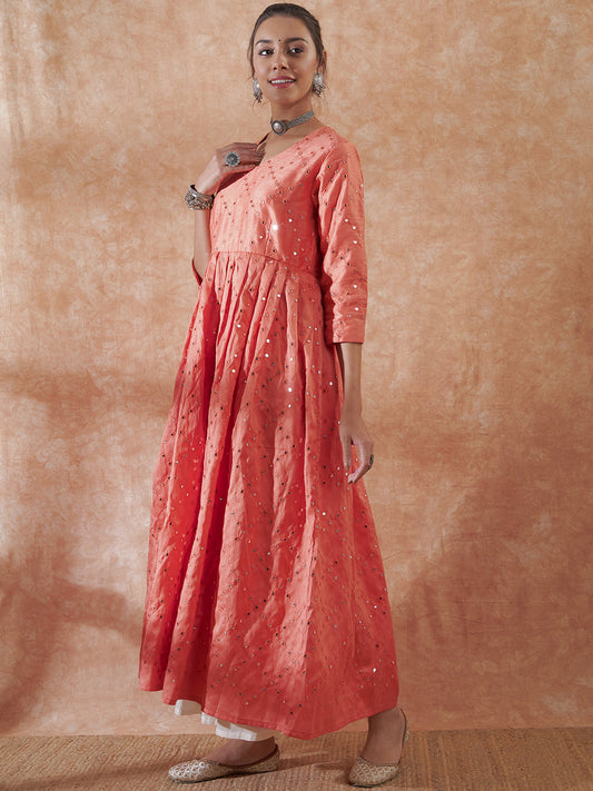 InWeave Women's Peach Mirror Work Long Anarkali Kurta - Swadesiicart