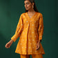 trueBrowns Mustard Geometric Floral Viscose Silk Front Pleat Co-ord Set - Swadesiicart
