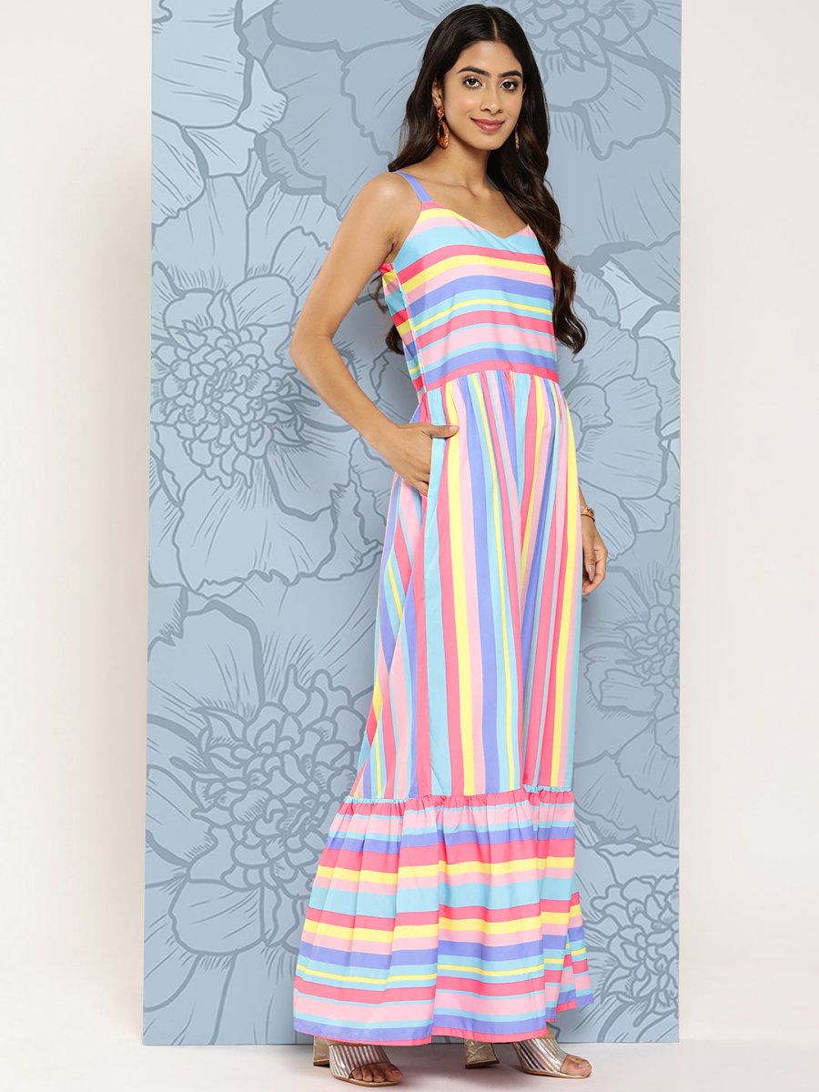 Ahalyaa Striped Crepe Maxi Ethnic Dress | Swadesiicart