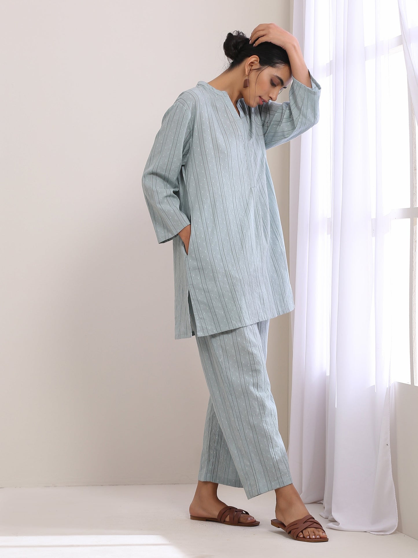 trueBrowns Eggshell Blue Dobby Relaxed Fit Co-Ord Set - Swadesiicart
