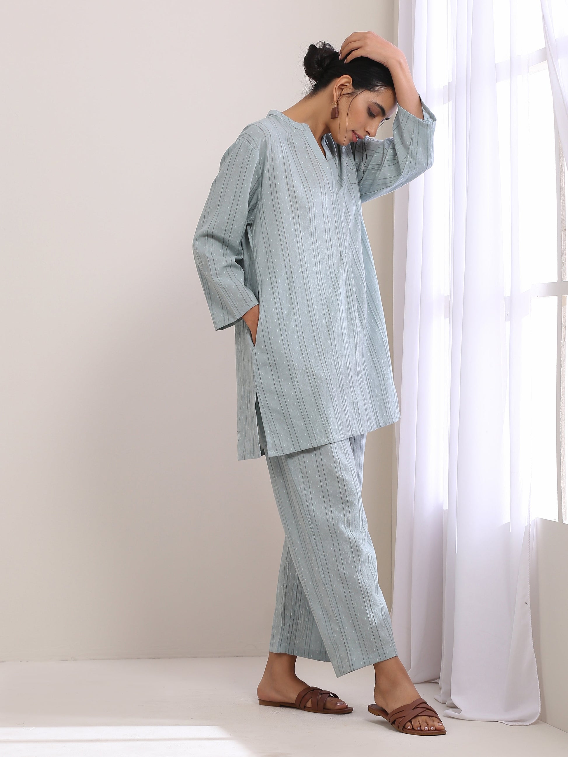 trueBrowns Eggshell Blue Dobby Relaxed Fit Co-Ord Set - Swadesiicart