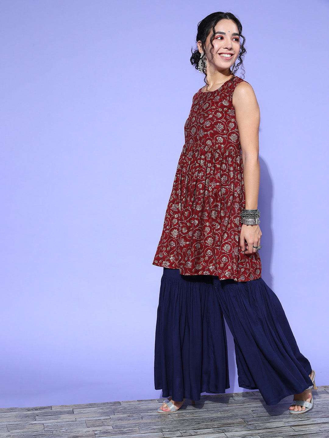 InWeave Women's Burgundy Printed Kurta Sharara Set With Blue Organza Dupatta - Swadesiicart