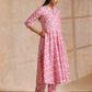 trueBrowns Pink Overall Floral Block Print Cotton Flared Kurta Pant Set | Swadesiicart