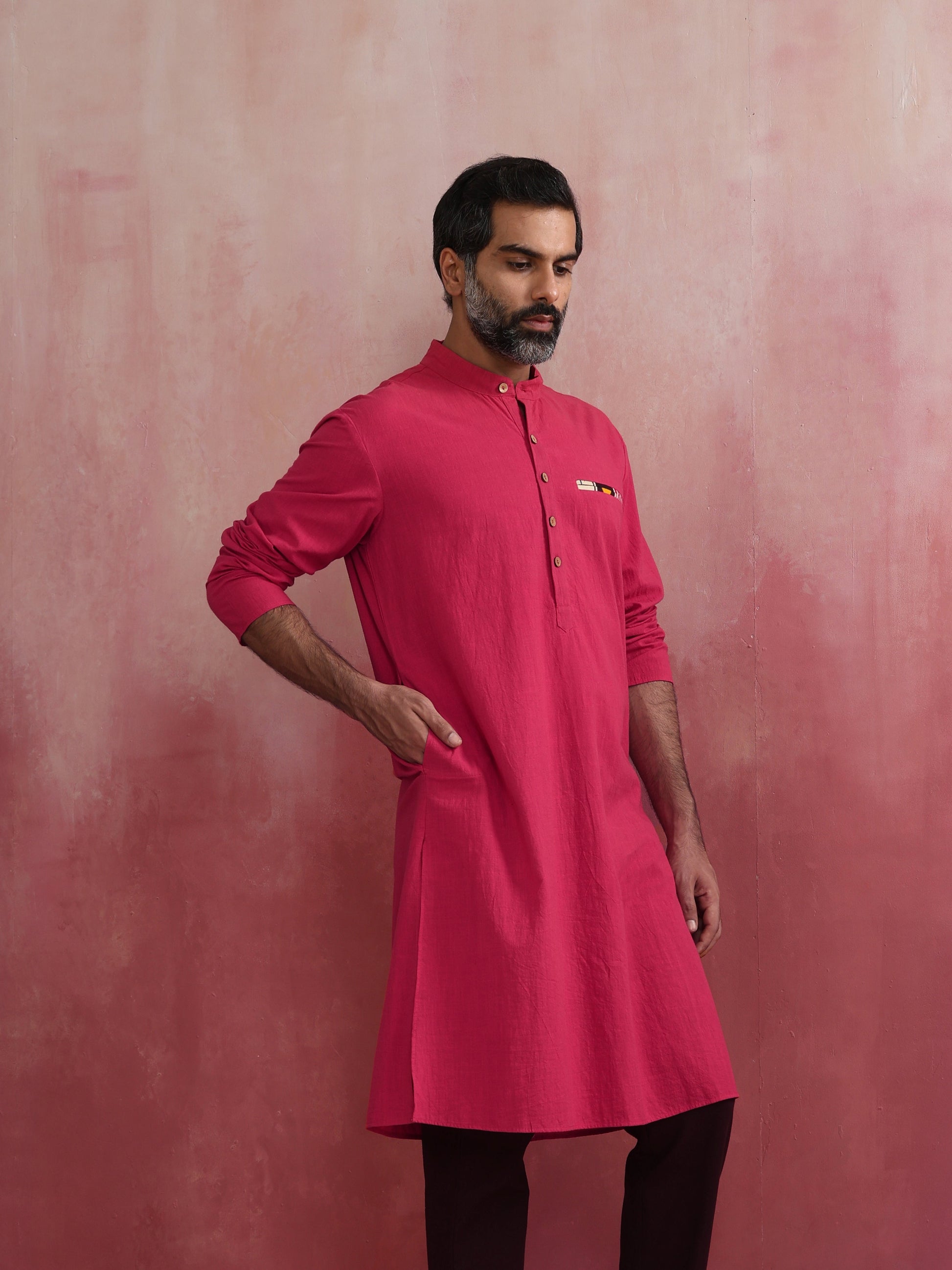 trueBrowns Men's Pink Mandarin Collar Kurta | Swadesiicart