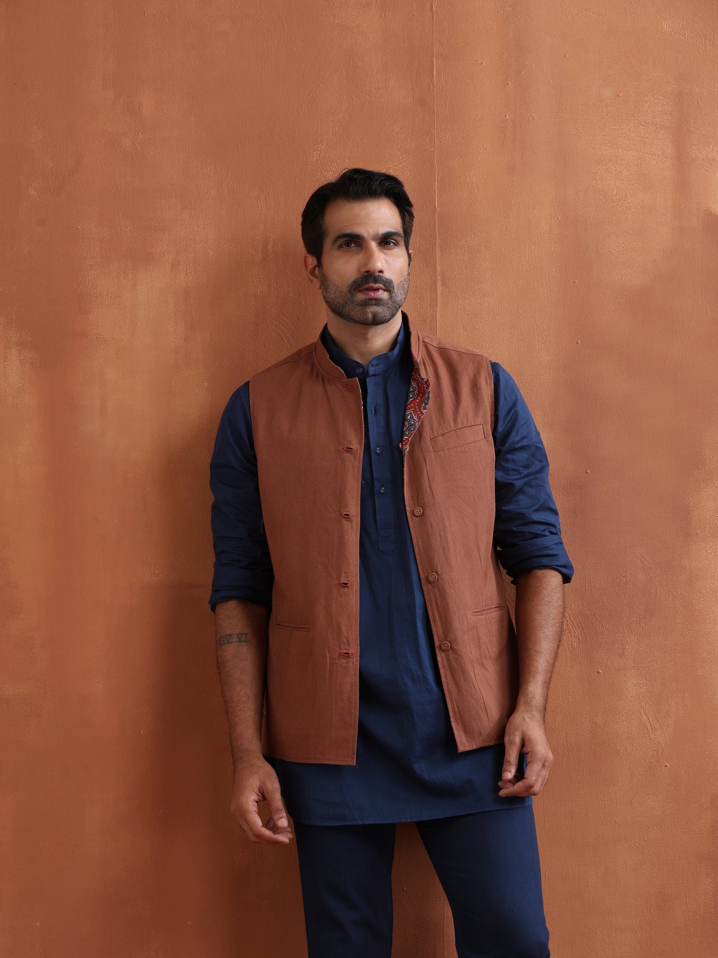 trueBrowns Men's Rust Printed Reversible Nehru Jacket | Swadesiicart