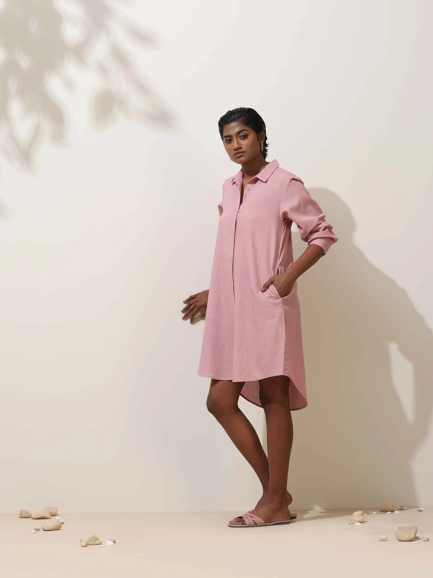trueBrowns Pink Cotton Linen Dress | Swadesiicart