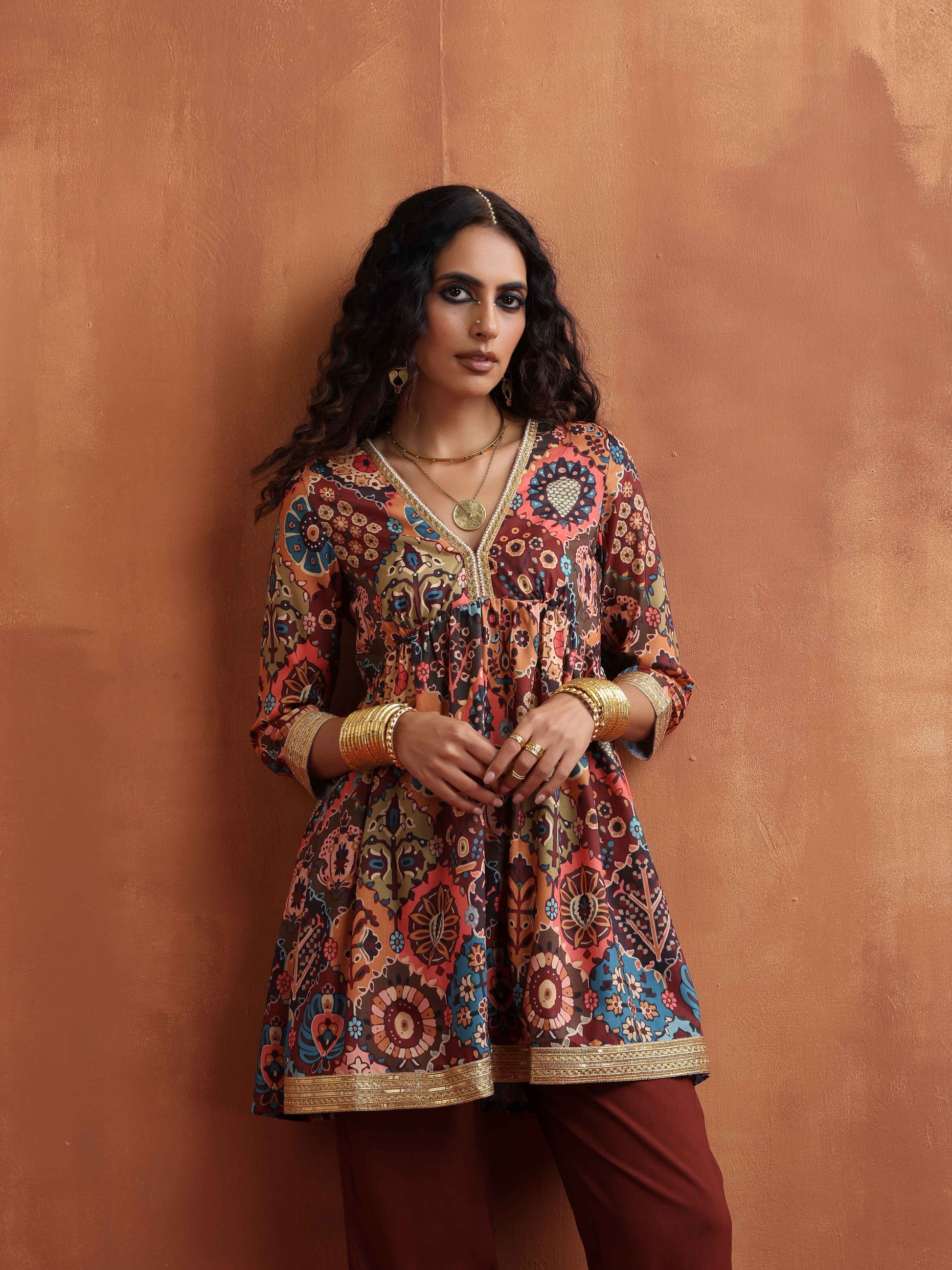 trueBrowns Brown Print Flared Co-ord Set - Swadesiicart