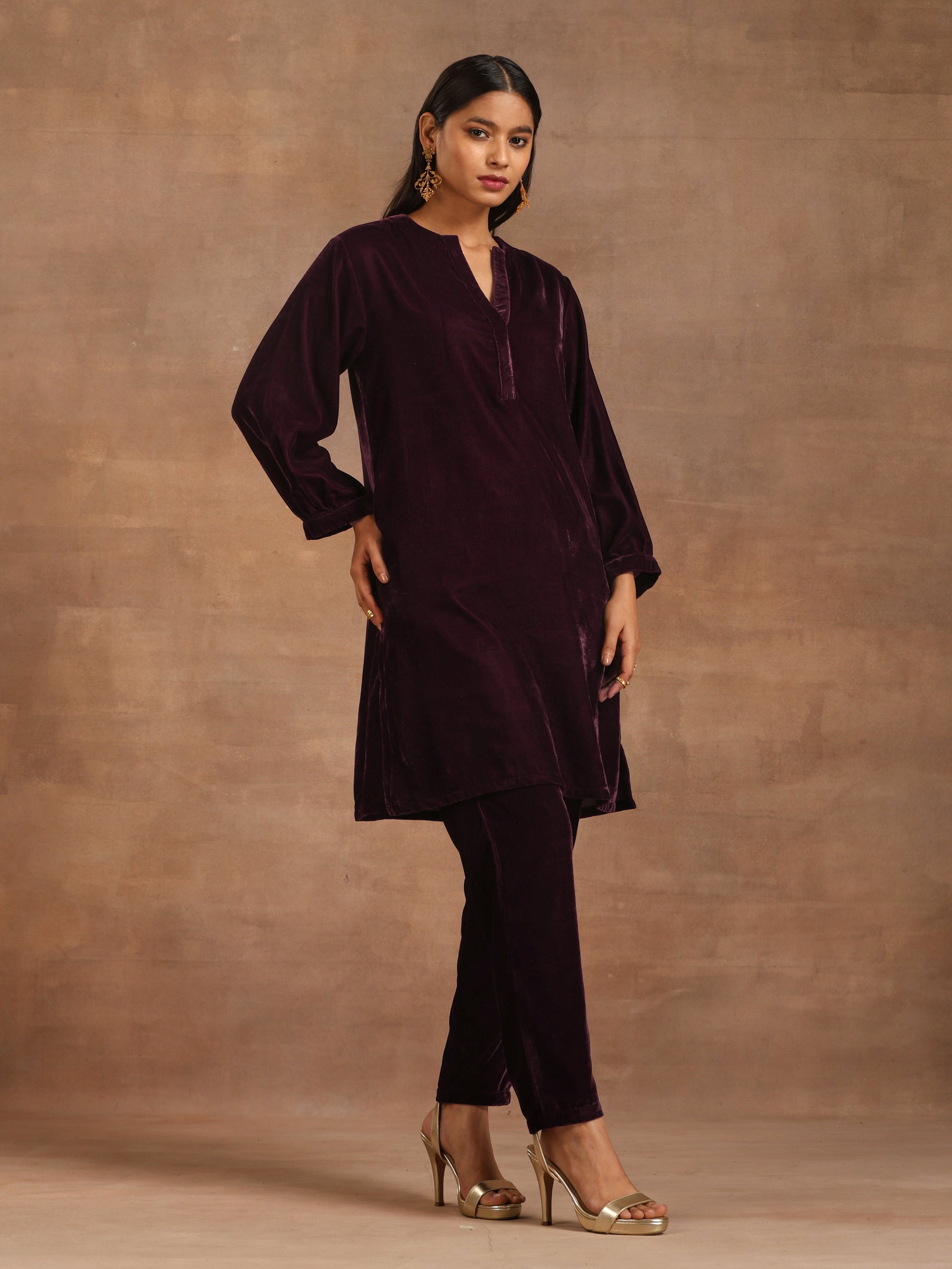 trueBrowns Wine Velvet Solid Co-ord Set - Swadesiicart