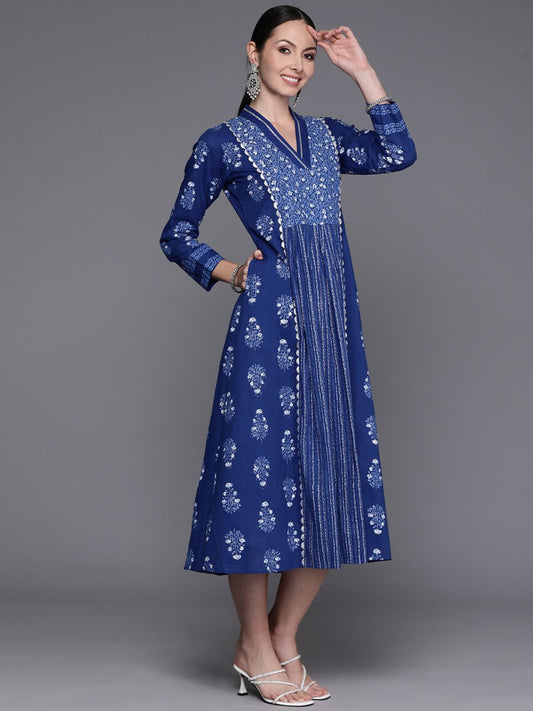 Ahalyaa Floral Print Midi Pure Cotton Ethnic Dress with Lace Inserts Detail | Swadesiicart