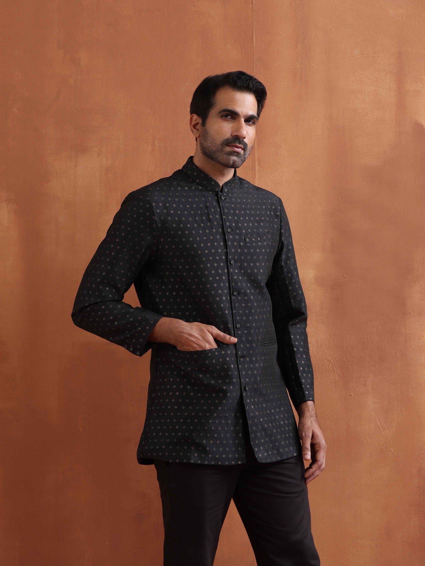 trueBrowns Men's Black Chanderi Long Jacket | Swadesiicart