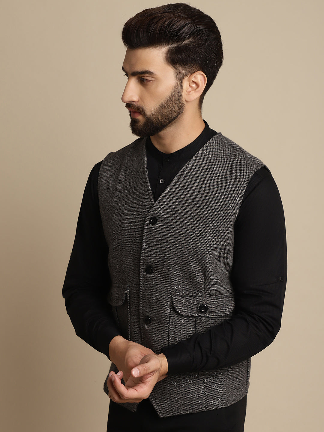Even Apparels Men's Grey Woolen Waistcoat With Patch Pocket | Swadesiicart