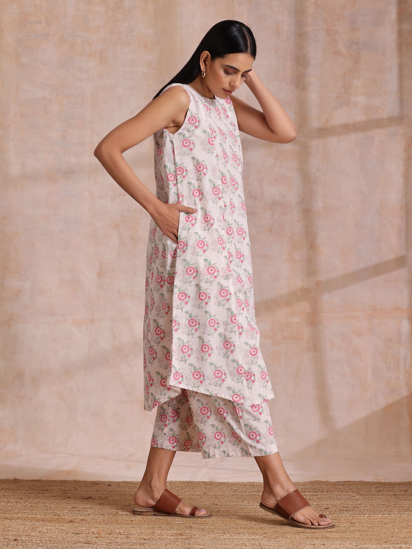 trueBrowns Pink Green Buta On White Block Print Cotton High-Low Co-Ord Set - Swadesiicart