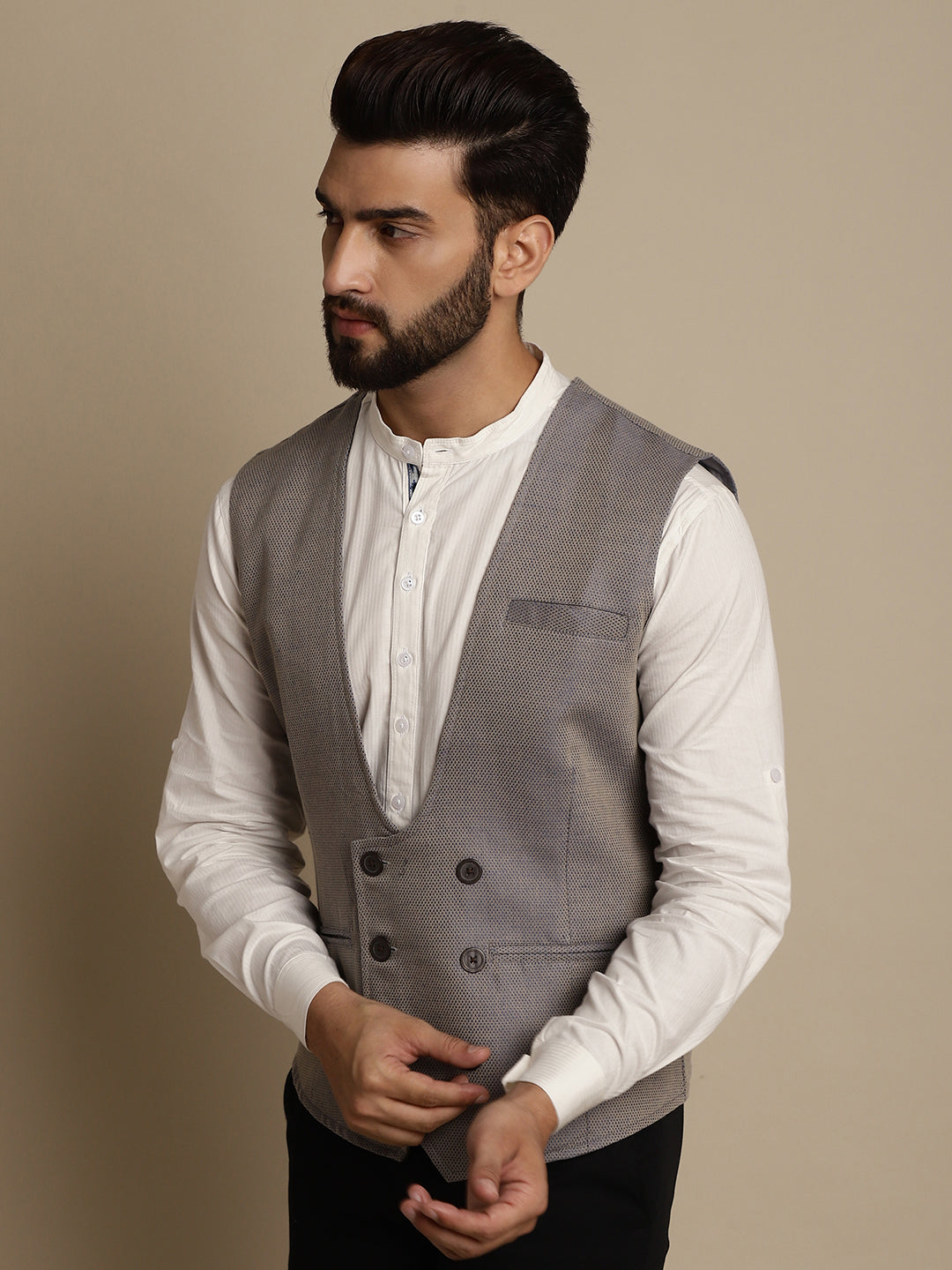 Even Apparels Men's Grey Double Breast Waistcoat | Swadesiicart