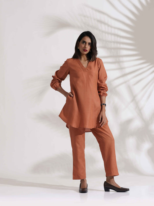 trueBrowns Rust Slub Co-ord Set - Swadesiicart