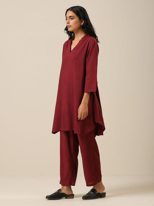 trueBrowns Ruby Wine Slub Textured Collar Co-Ord Set - Swadesiicart