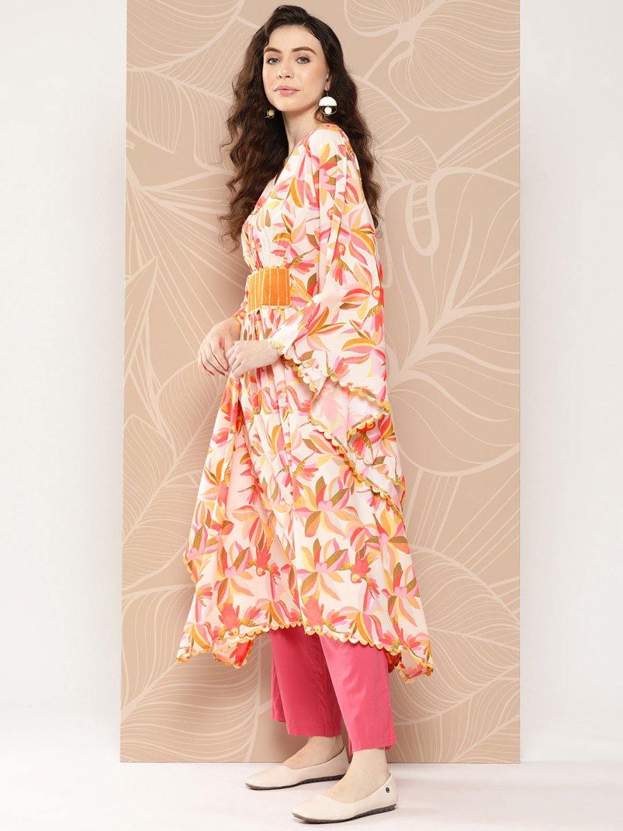 Ahalyaa Women Floral Printed Flared Sleeves Gotta Patti Crepe Kaftan Kurta | Swadesiicart