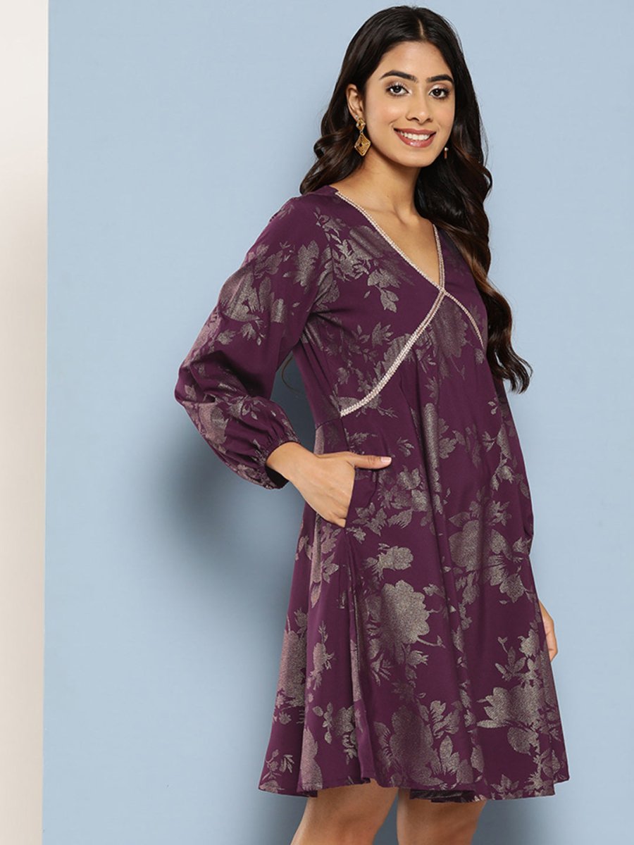 Ahalyaa Floral Print Puff Sleeves Empire Crepe Ethnic Dress | Swadesiicart