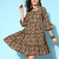 InWeave Women's Brown Kalamkari Print Short Dress - Swadesiicart