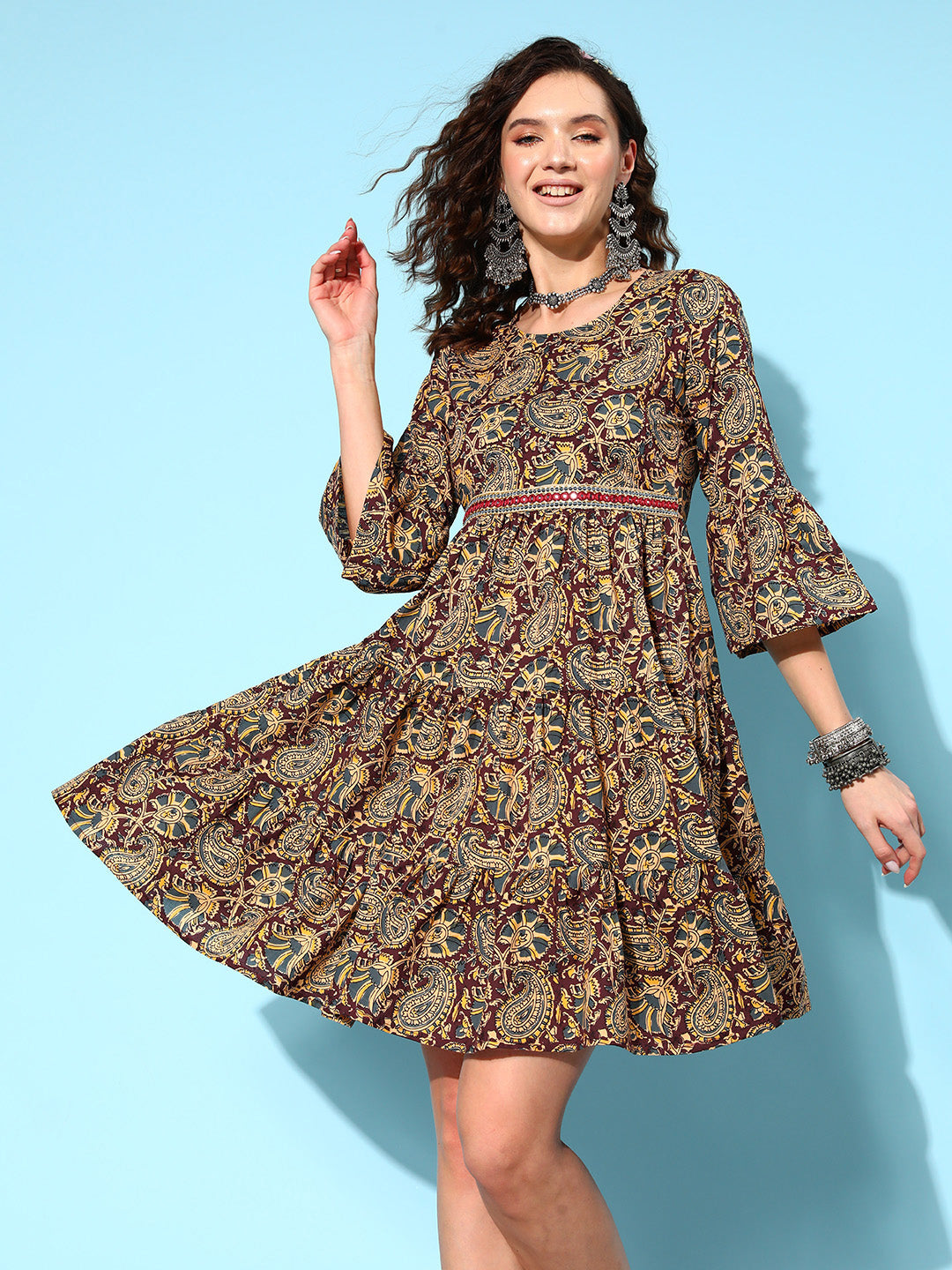 InWeave Women's Brown Kalamkari Print Short Dress - Swadesiicart