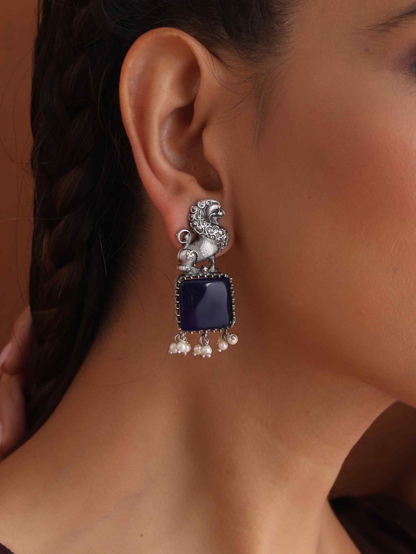 trueBrowns Silver Tone Turquise Stone Earrings - Swadesiicart