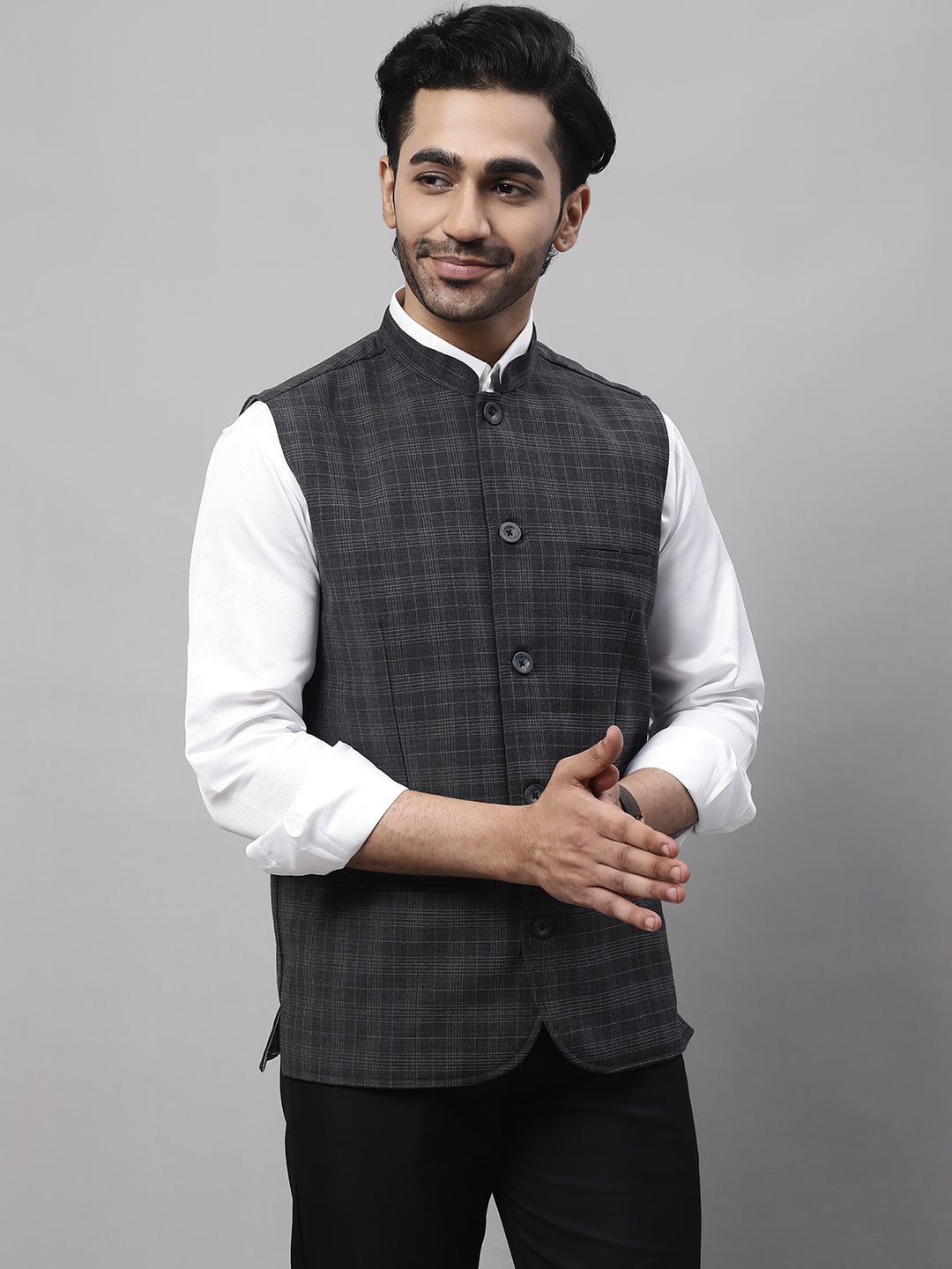 Even Apparels Men's Grey Nehru Jacket With Welt Pockets | Swadesiicart